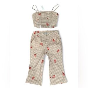 Beige Gingham Two-Piece Set with Red Anchor Print